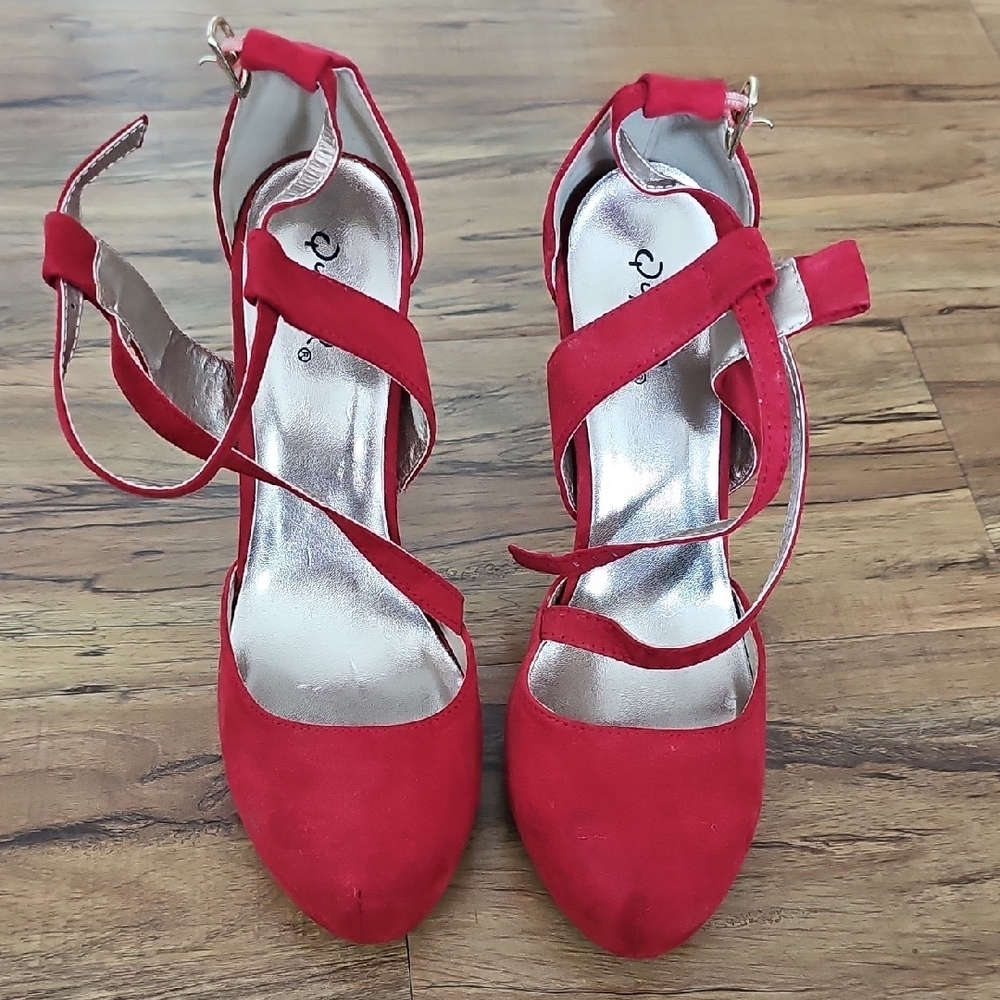 Qupid Red Strappy Heels Suede-Like Finish
